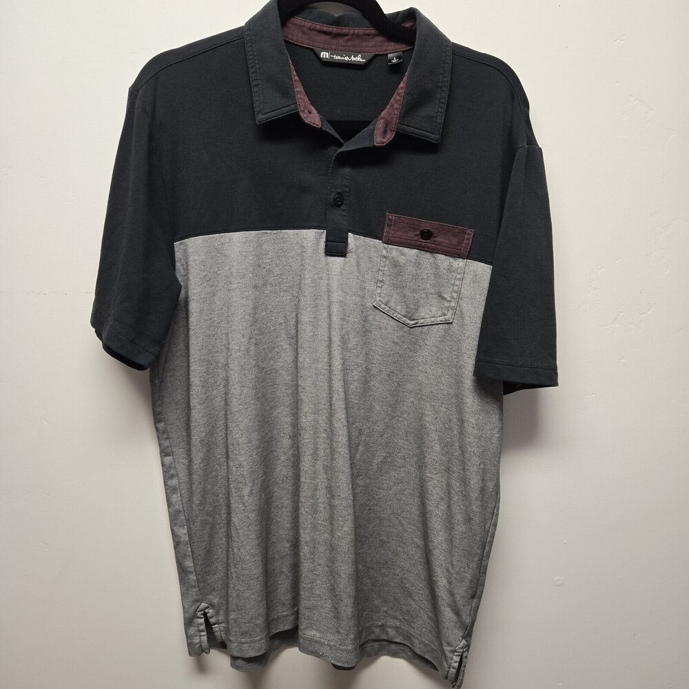 Travis Mathew Polo Shirt Mens Large Gray Golf Tech Stripe Color Block Black Logo